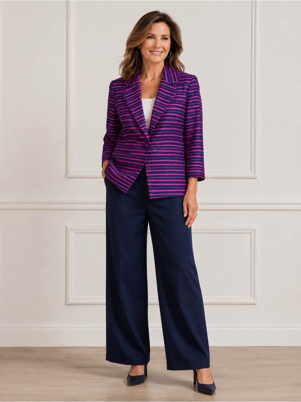 Talbots Purple & Navy Striped Blazer Silk Cotton Blend